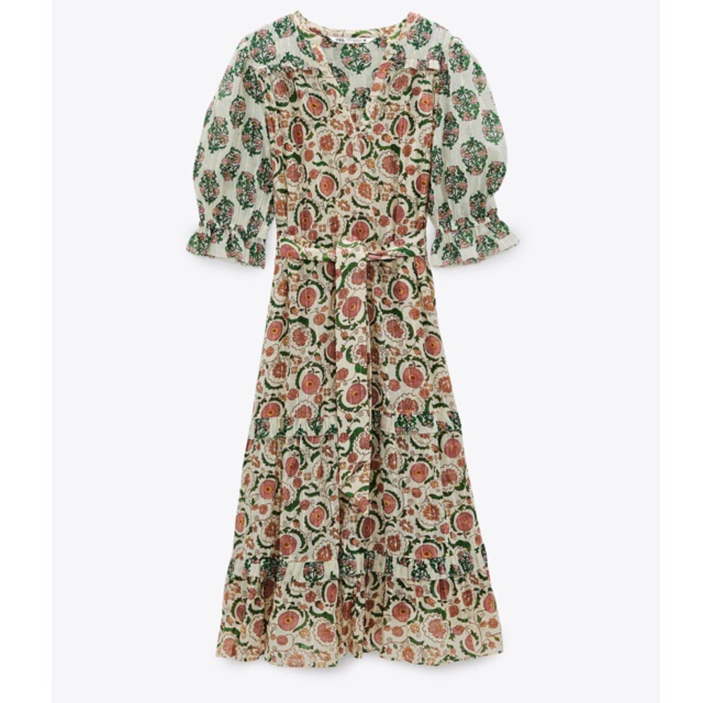 Zara Printed Midi Dress with Tie Belt